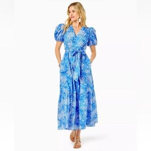 Lilly Pulitzer Ezralyn Short Sleeve Cotton Maxi Dress in Boca Blue, Size 2, EUC